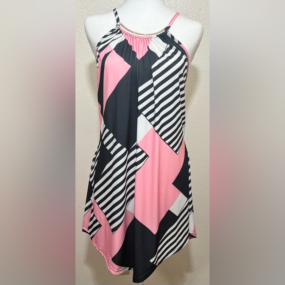 NWT Geo Print Sleeveless Keyhole Back Halter Tunic with Necklace size 2X